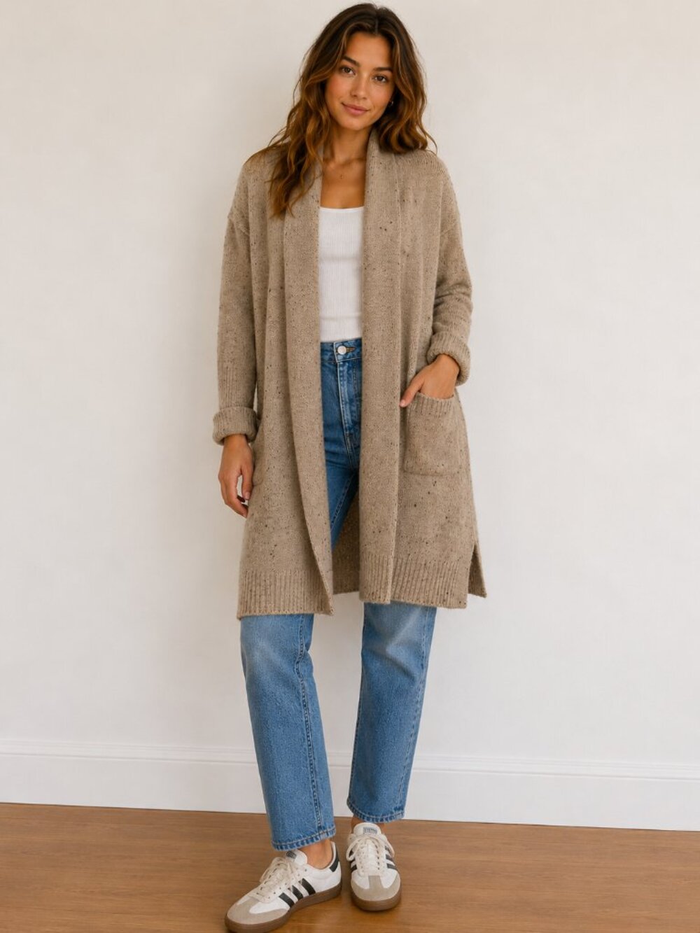 $98 Kenar Speckled Open Front Longline Cardigan Sweater Size Medium